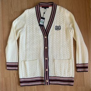 Tommy Hilfiger Sz. L Cable Knit Varsity Cardigan Button Sweater Two Pockets